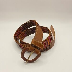 Womens 36.5" Belt Brown Leather Multi Color Boho Braided Made In Guatamala